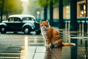 ein Orange Katze Sitzung auf das Boden im Vorderseite von ein Wagen. KI-generiert foto