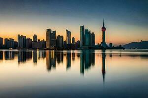 das Stadt Horizont ist reflektiert im das Wasser beim Sonnenuntergang. KI-generiert foto