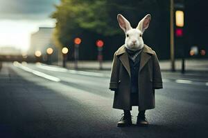 ein Hase tragen ein Mantel und Krawatte Stehen auf das Straße. KI-generiert foto