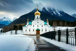 ein Weiß Kirche mit Gold Kuppeln im das Schnee. KI-generiert foto