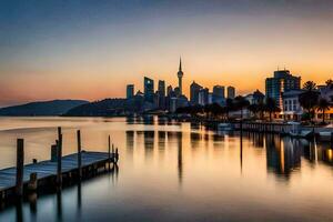 das Stadt Horizont beim Sonnenuntergang im Auckland, Neu Neuseeland. KI-generiert foto