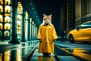 ein Katze im ein Gelb Regenjacke Stehen auf ein Straße beim Nacht. KI-generiert foto