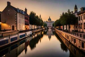 ein Kanal im das Mitte von ein Stadt beim Sonnenuntergang. KI-generiert foto