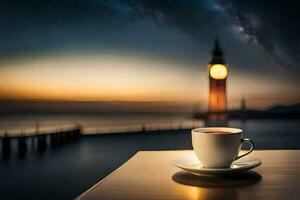 das Kaffee Tasse und das groß ben Uhr Turm, das Stadt, hd Hintergrund. KI-generiert foto