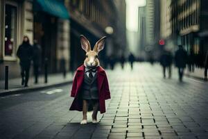 ein Hase gekleidet im ein passen und Krawatte Stehen auf ein Stadt Straße. KI-generiert foto