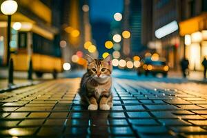 ein Katze ist Stehen auf ein Straße beim Nacht. KI-generiert foto