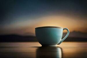 Kaffee Tasse, Sonnenuntergang, Wasser, See, Berge, hd Hintergrund. KI-generiert foto