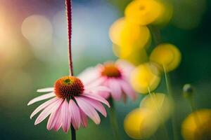 ein Rosa Blume ist im das Vordergrund mit ein Gelb Hintergrund. KI-generiert foto