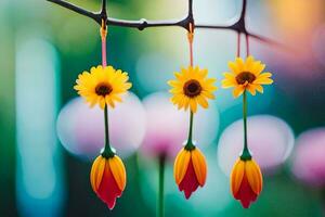 drei Gelb Blumen hängend von ein Kabel. KI-generiert foto