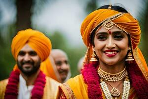 ein lächelnd Braut im ein Gelb Turban. KI-generiert foto