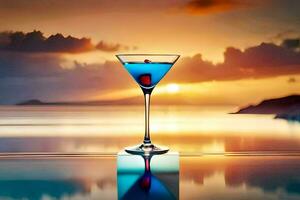 ein Blau Cocktail im ein Martini Glas auf das Kante von ein Schwimmbad. KI-generiert foto