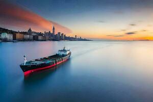 ein Boot im das Wasser beim Sonnenuntergang mit ein Stadt im das Hintergrund. KI-generiert foto