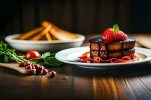 ein Teller mit ein Stück von Fleisch und Erdbeeren. KI-generiert foto