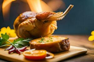 ein Hähnchen ist Sitzung auf ein hölzern Schneiden Tafel mit ein Stück von Brot. KI-generiert foto