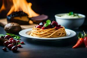 Spaghetti mit Beeren und Kirschen auf ein Platte. KI-generiert foto