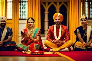 ein Paar und ihr freunde im traditionell indisch Kleidung. KI-generiert foto