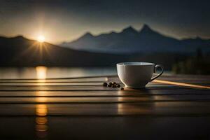 Kaffee Tasse auf das Tisch, Berge, See, Sonnenaufgang, Kaffee, hd Hintergrund. KI-generiert foto