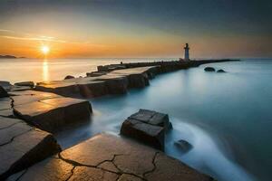 das Sonne steigt an Über das Ozean und ein Leuchtturm. KI-generiert foto