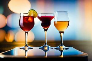 drei anders Typen von alkoholisch Getränke sind gezeigt auf ein Tisch. KI-generiert foto