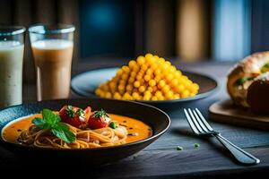 ein Schüssel von Spaghetti mit Tomate Soße und Brot. KI-generiert foto