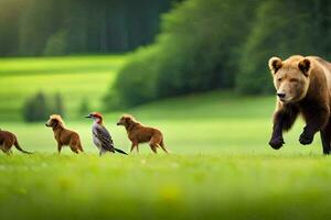 ein Bär und ein Gruppe von Vögel im ein Feld. KI-generiert foto