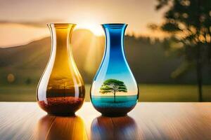 zwei Vasen mit ein Baum im Sie auf ein Tisch. KI-generiert foto
