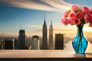 Rosa Rosen im ein Vase auf ein Tabelle mit ein Stadt Horizont im das Hintergrund. KI-generiert foto