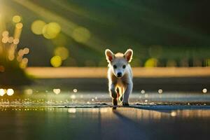 ein Hündchen Gehen auf das Straße im das Sonne. KI-generiert foto