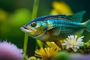 ein Fisch mit Blau und Grün Augen ist Schwimmen im das Wasser. KI-generiert foto