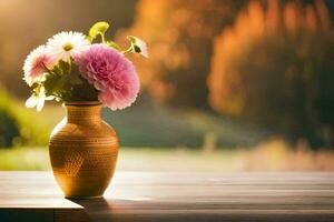 ein golden Vase mit Rosa Blumen auf ein Tisch. KI-generiert foto