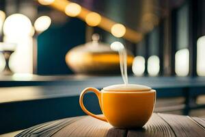 ein Kaffee Tasse auf ein Tabelle mit ein Licht im das Hintergrund. KI-generiert foto