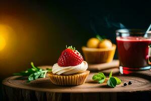 das Cupcake ist gekrönt mit ein Erdbeere und ein Tasse von Tee. KI-generiert foto