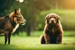 zwei Hunde Sitzung auf das Gras im das Sonne. KI-generiert foto