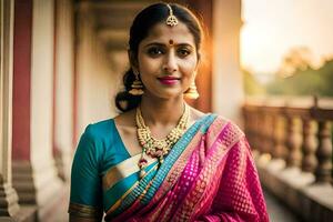 ein schön Frau im ein traditionell Sari. KI-generiert foto