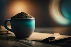 Kaffee im ein Tasse auf ein hölzern Tisch. KI-generiert foto