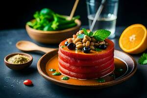 ein Teller von Essen mit Tomaten, Bohnen und andere Zutaten. KI-generiert foto