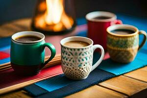 drei Kaffee Tassen mit anders Farben auf ein Tisch. KI-generiert foto