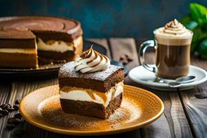 ein Scheibe von Schokolade Kuchen mit ausgepeitscht Sahne und Kaffee. KI-generiert foto