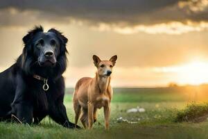 zwei Hunde sind Sitzung auf das Gras im Vorderseite von ein Sonnenuntergang. KI-generiert foto