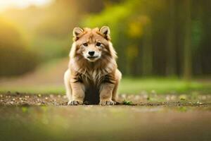 ein Hund Sitzung auf das Boden im das Mitte von ein Feld. KI-generiert foto