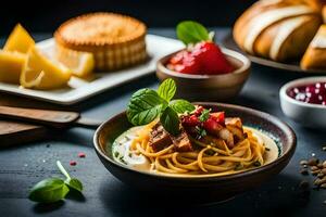 Spaghetti mit Fleisch und Gemüse im ein Schüssel. KI-generiert foto