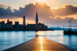 ein hölzern Seebrücke führt zu ein Stadt Horizont beim Sonnenuntergang. KI-generiert foto