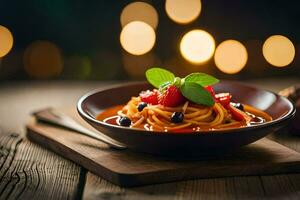 Spaghetti mit Tomate Soße und frisch Beeren auf ein hölzern Tisch. KI-generiert foto