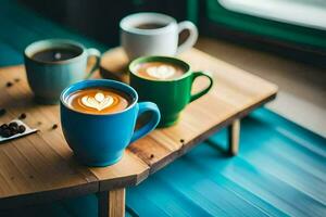 drei Kaffee Tassen auf ein hölzern Tablett. KI-generiert foto