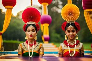 zwei Frauen im traditionell indisch Kleidung. KI-generiert foto