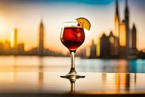 ein Glas von rot Wein mit ein Stadt Horizont im das Hintergrund. KI-generiert foto