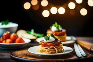 Spaghetti mit Fleischklößchen und Tomaten auf ein hölzern Tisch. KI-generiert foto