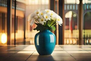 ein Blau Vase mit Weiß Blumen Sitzung auf ein Fliese Boden. KI-generiert foto