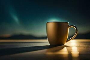 ein Kaffee Tasse Sitzung auf ein Tabelle im Vorderseite von ein Nacht Himmel. KI-generiert foto