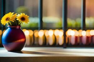 Sonnenblumen im ein Vase auf ein Fenster Schwelle. KI-generiert foto